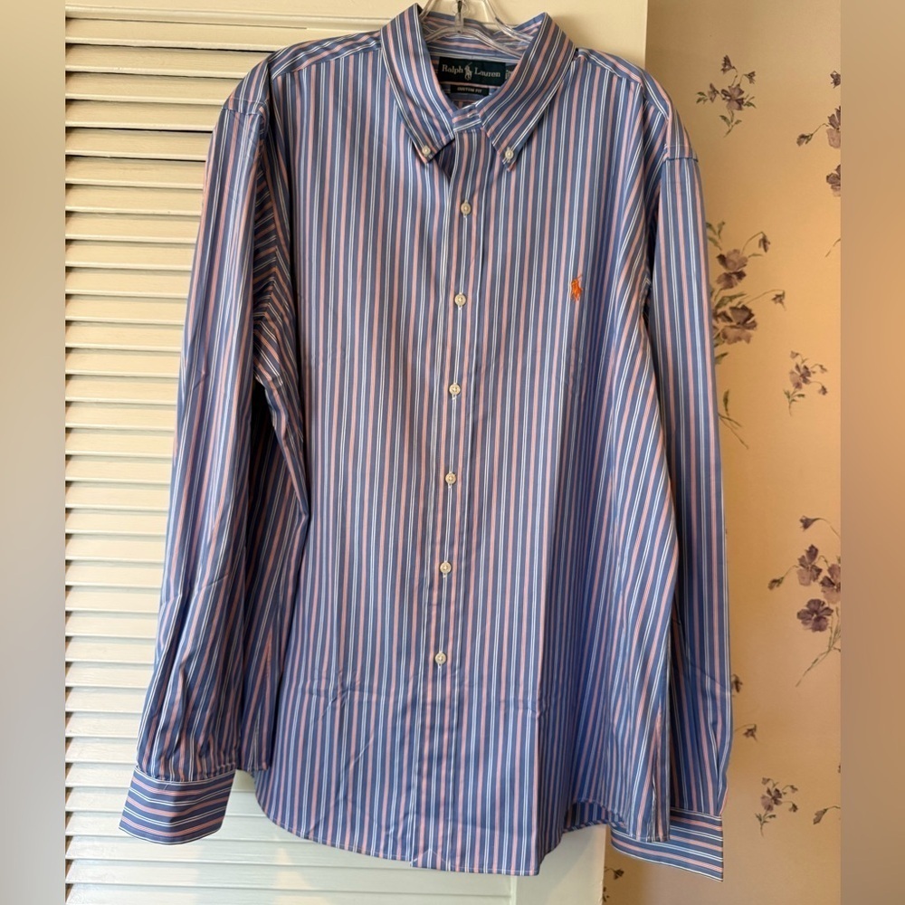 NWOT Ralph Lauren Custom Fit Blue & Orange Stripe Button Down in XXL